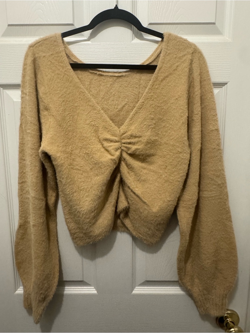 Cozy V-Neck Ruched Front Women's Sweater - Camel size XL